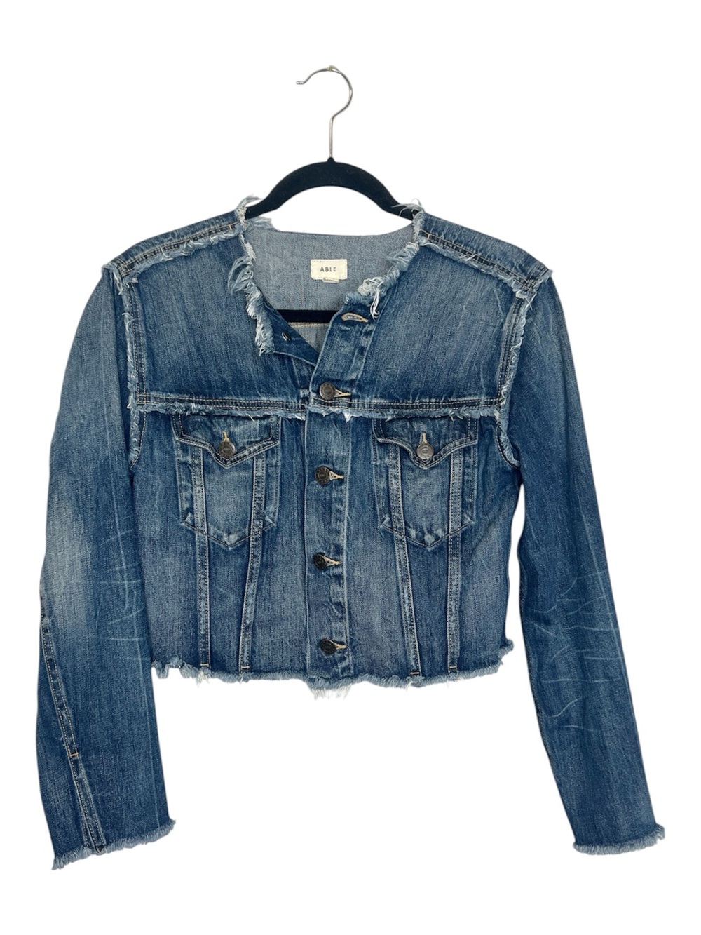 ABLE Distressed Raw Edge Collarless Cropped Denim Jacket size Medium
